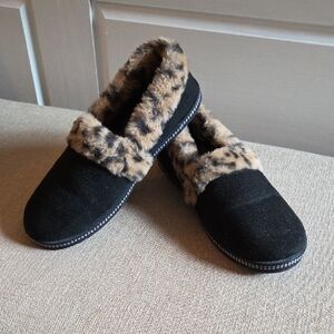 Leopard Trim Black Women's Slippers